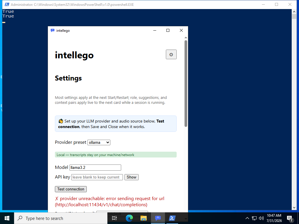 intellego Test connection result: 'provider unreachable: error sending request for url http://localhost:11434/v1/chat/completions'